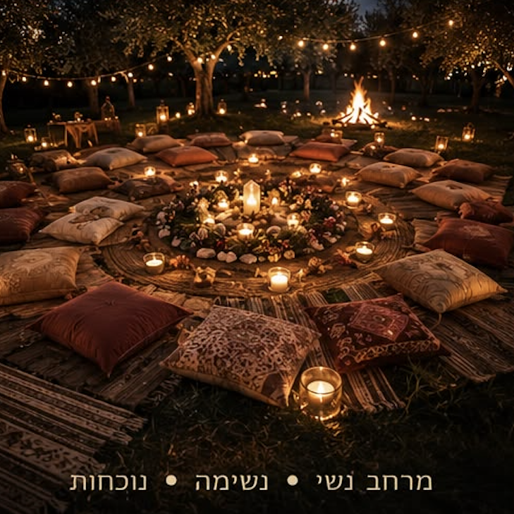 מעגל כריות ושטיחים סביב מזבח נרות