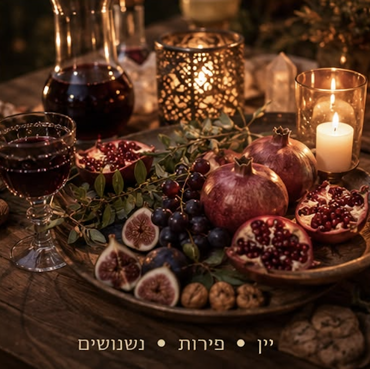 מגש רימונים, תאנים ויין לאור נרות